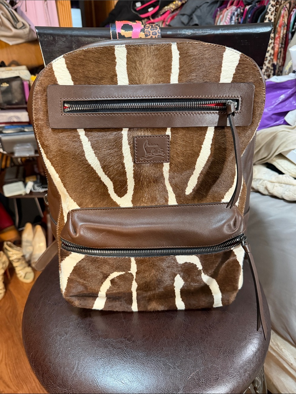 Christian Louboutin Brown and Cream Zebra-Pattern Backpack
